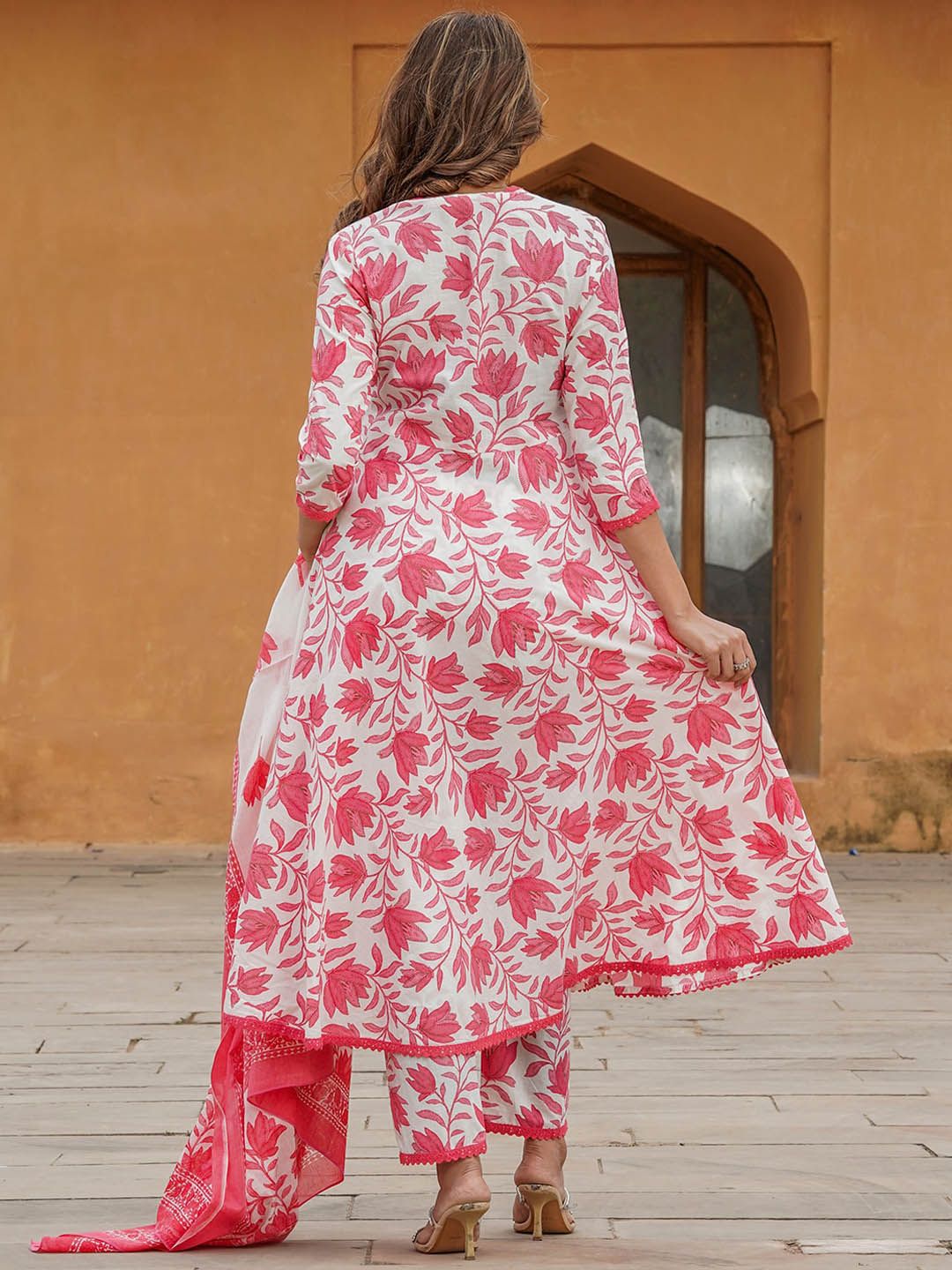 KALINI Floral Printed V-Neck Regular Kurta With Trousers & Dupatta