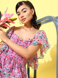 Antheaa Floral Print Flared Sleeve Chiffon A-Line Dress