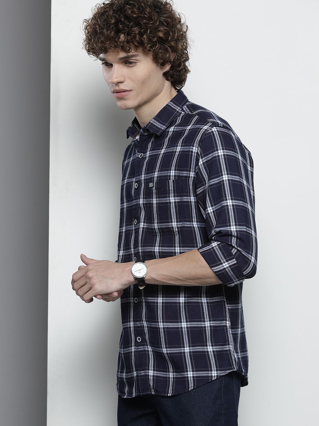 The Indian Garage Co Men Navy Blue Checked Casual Shirt