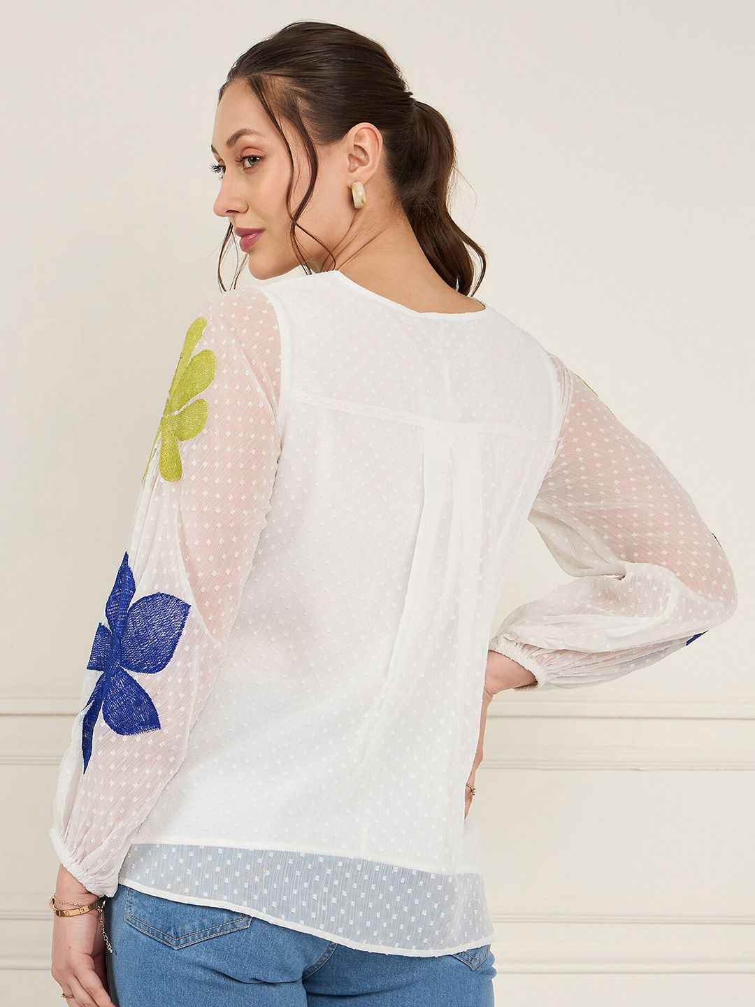 Antheaa Tie-Up Neck Puff Sleeve Chiffon A-Line Top