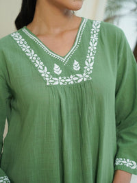 House of Chikankari Wanita 2 Keping Kurta Kapas Tulen Biasa dengan Set Seluar