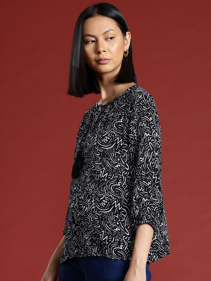 all about you Printed Tie-Up Neck Puff Sleeves Top