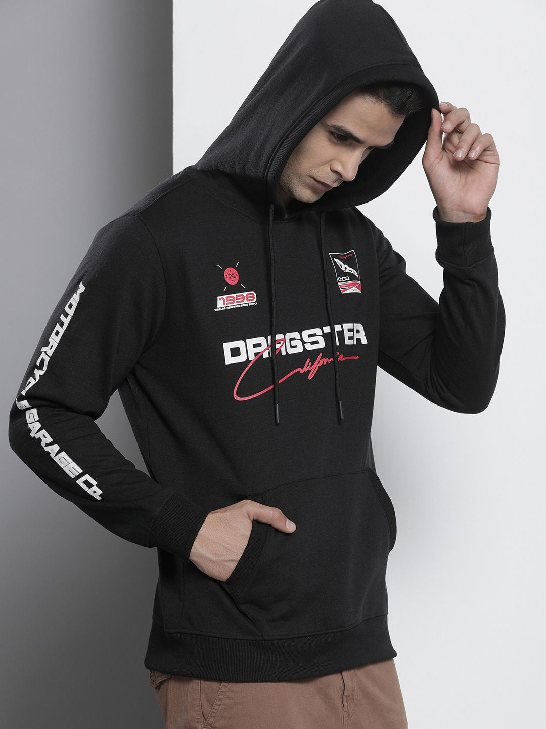 The Indian Garage Co Men Black Printed Hooded Sweatshirt