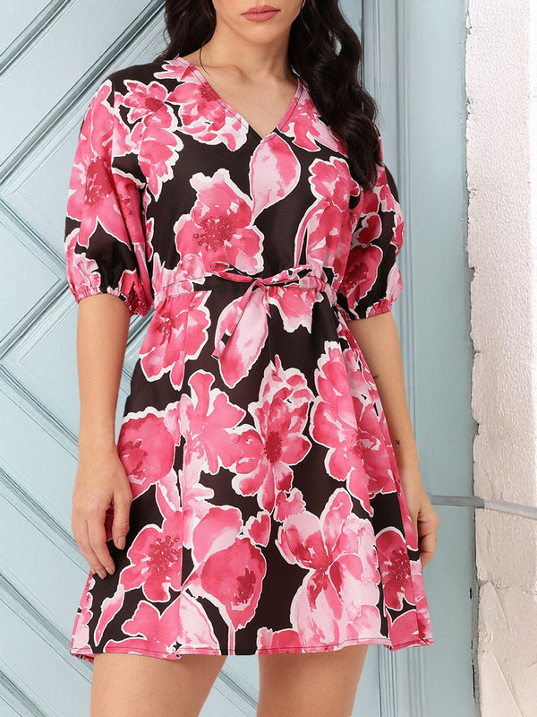 DressBerry Edgy Chic Bloom Printed Waist Tie-Ups A-Line Mini Dress