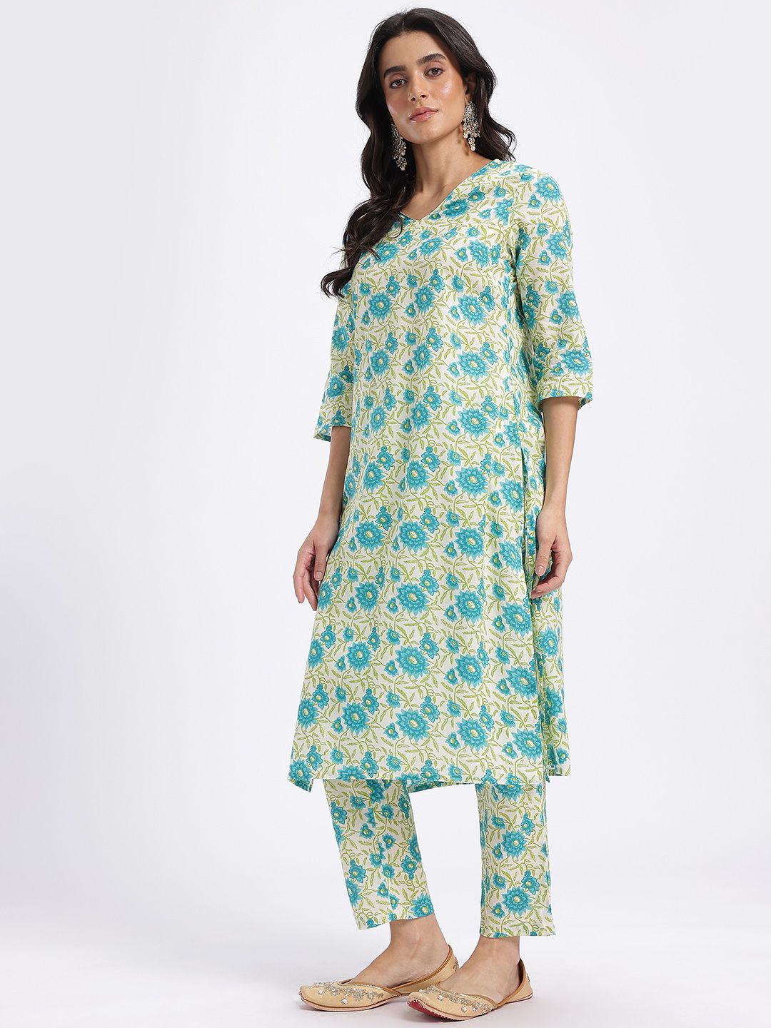 Anouk Floral Printed Pure Cotton Straight Kurta with Trousers & Dupatta