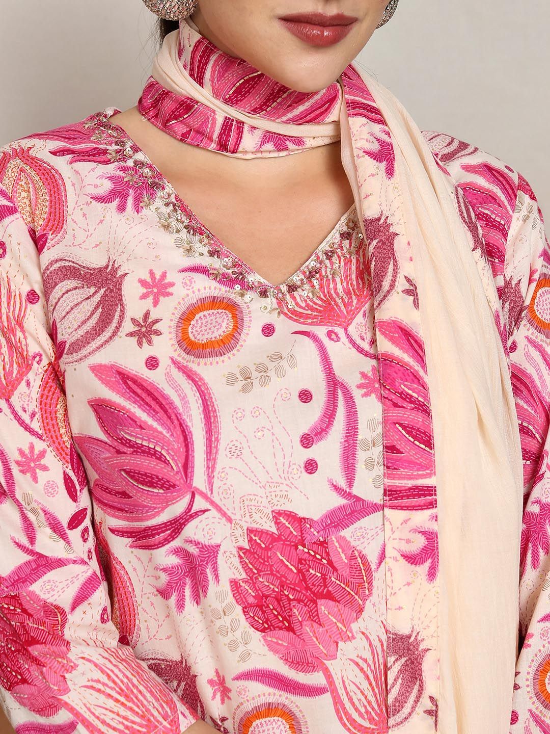 Vishudh Floral Printed Pure Cotton Straight Kurta & Trousers With Dupatta
