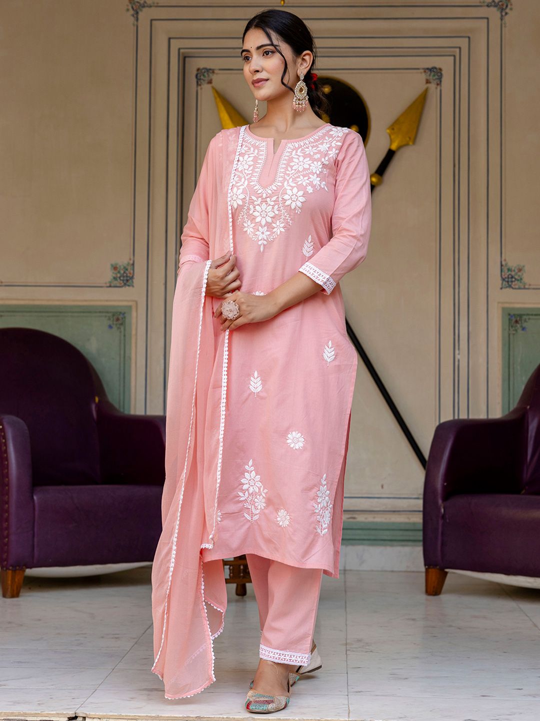 KALINI Floral Embroidered Yoke Design A-Line Pure Cotton Kurta With Trouser And Dupatta