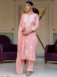 KALINI Floral Embroidered Yoke Design A-Line Pure Cotton Kurta With Trouser And Dupatta