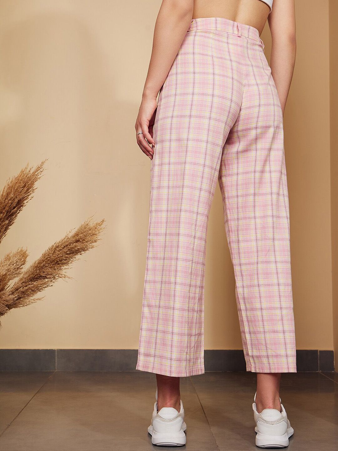 Berrylush Pink Checked Relaxed High-Rise Trousers