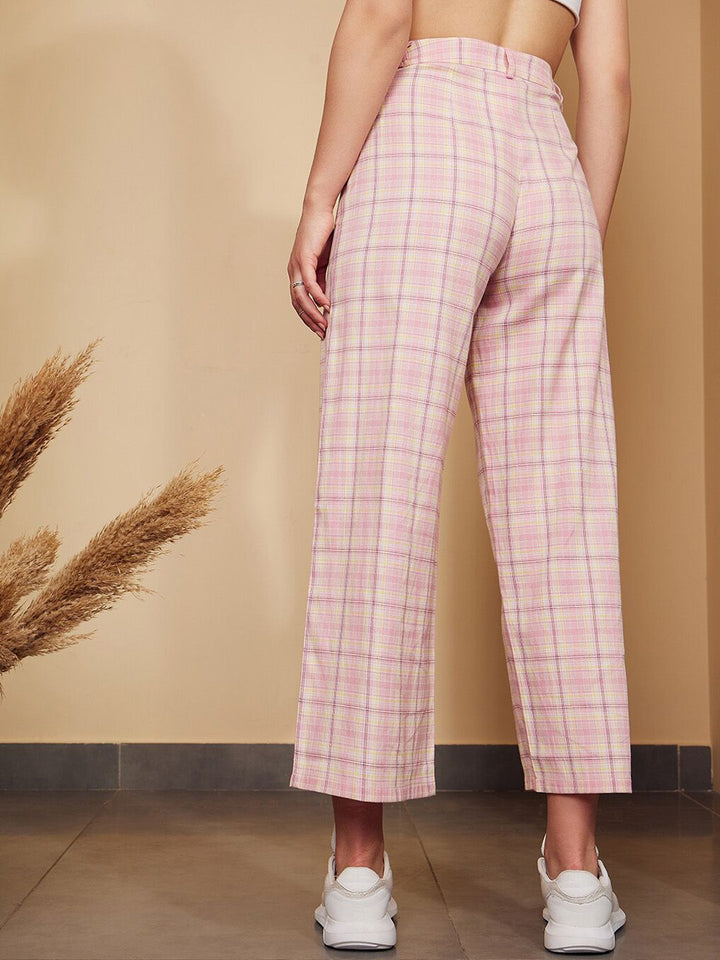 Berrylush Pink Checked Relaxed High-Rise Trousers