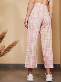 Berrylush Pink Checked Relaxed High-Rise Trousers