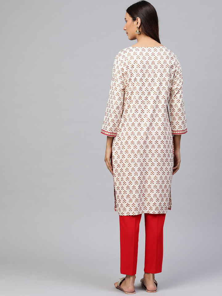 Global Desi Women Off White & Magenta Ethnic Print Ecovero Keyhole Neck Sequins Kurta