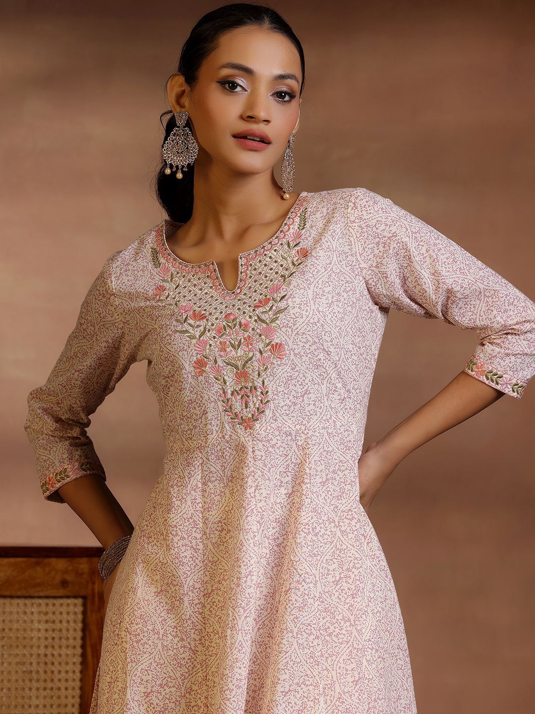Libas Floral Printed Panelled Pure Cotton Anarkali Kurta with Trousers