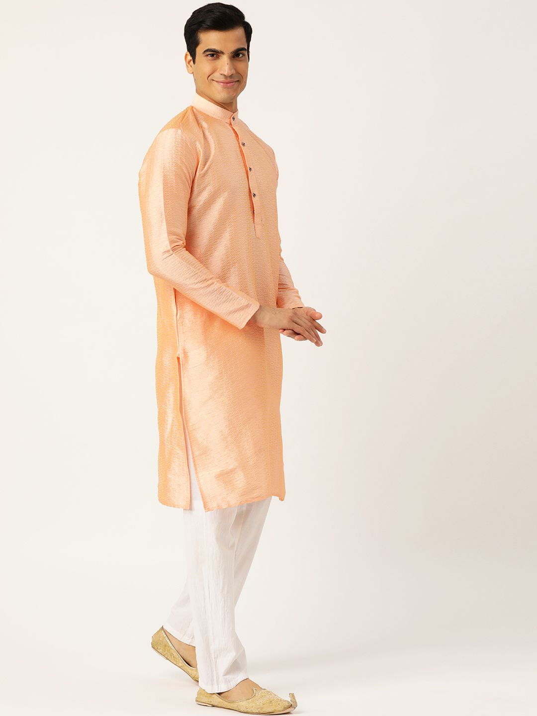 SOJANYA Men Peach-Coloured Woven Design Straight Kurta