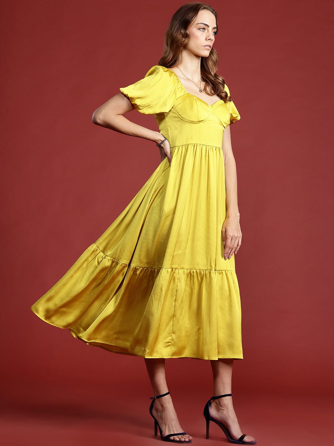 all about you Puff Sleeve A-Line Tiered Midi Dress