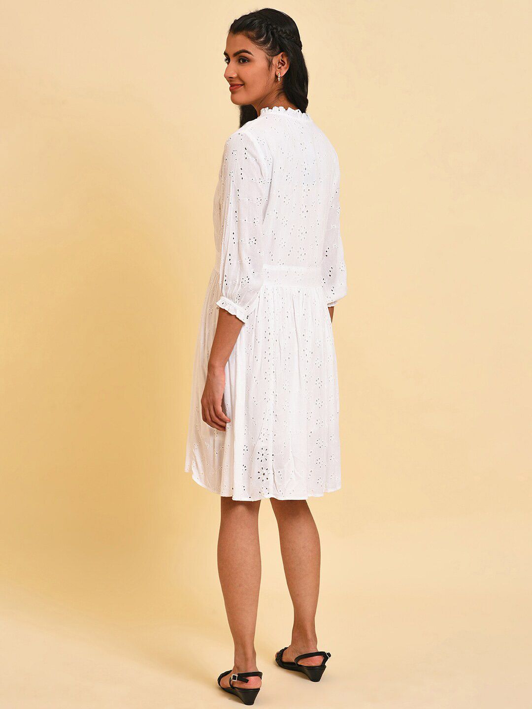 W Self Design Tie-Up Neck Schiffli Fit & Flare Dress
