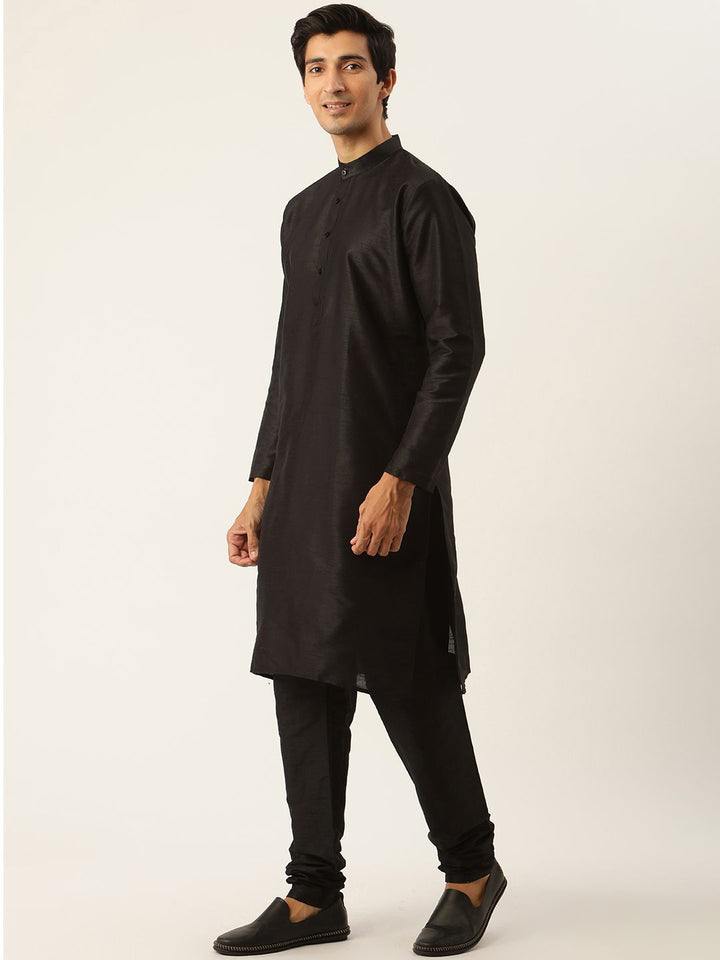 SOJANYA Men Black Solid Kurta with Churidar & Nehru Jacket