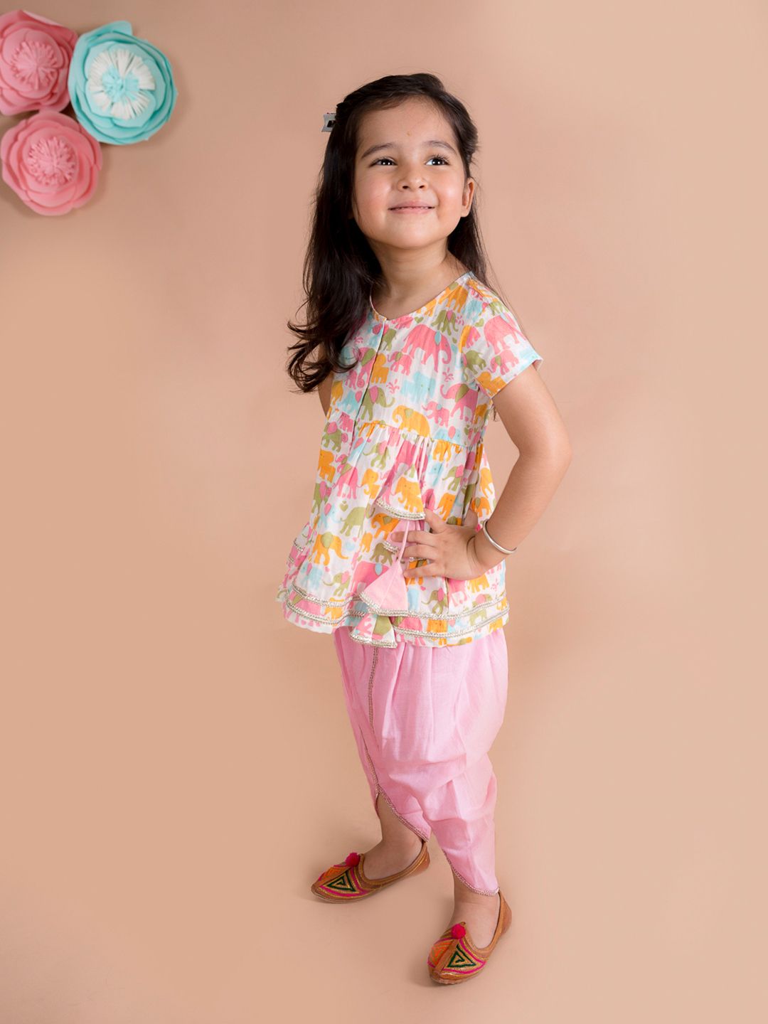 pspeaches Girls White Ethnic Motifs Printed Pleated Gotta Patti Pure Cotton Kurti with Dhoti Pants