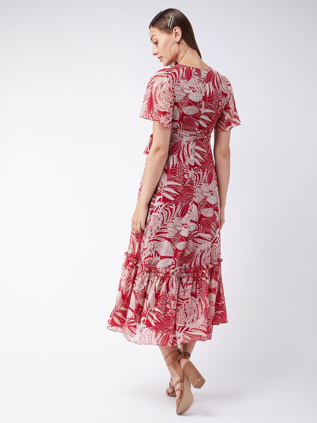 Miss Chase Maroon & Peach-Coloured Tropical Printed Gathered Chiffon Midi Dress