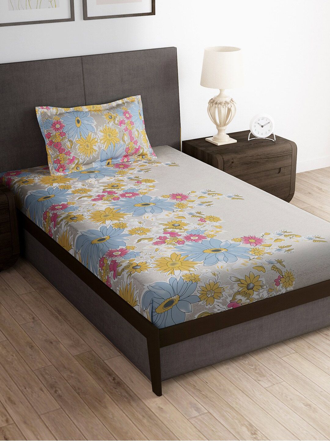 Story@home Beige & Blue Floral 180 TC Single Bedsheet with 1 Pillow Cover