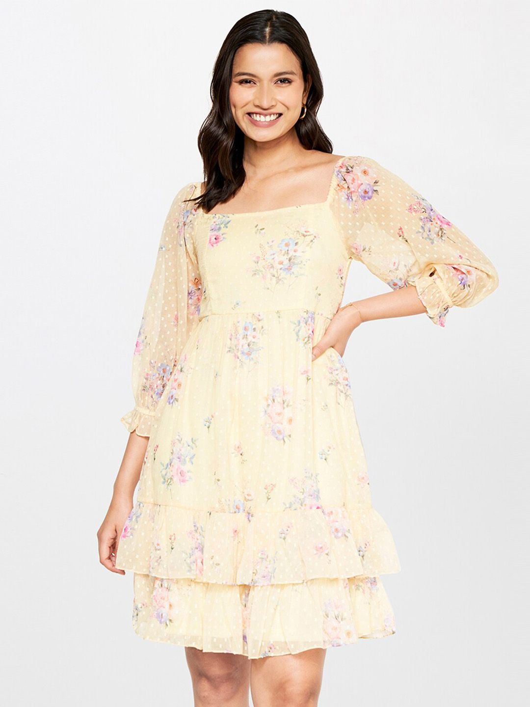 AND Square Neck Floral Printed Layered Smocked A-Line Dress