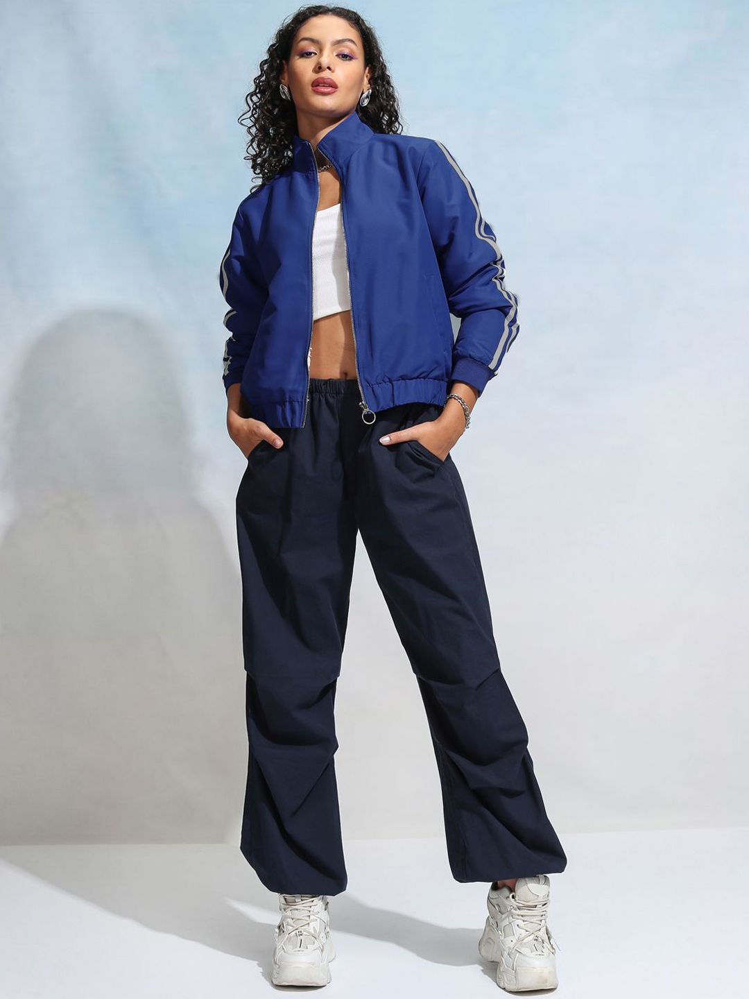 Tokyo Talkies Women Checked Crop Bomber with Embroidered Jacket