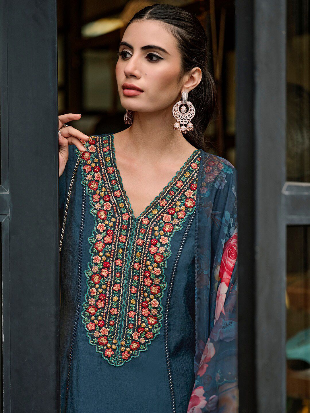 Indo Era Floral Embroidered Panelled Thread Work A-Line Kurta With Trousers & Dupatta