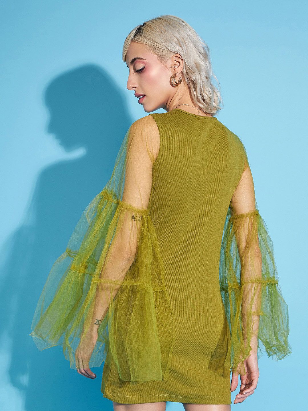 SASSAFRAS Green Bell Sleeve Net Sheath Mini Dress