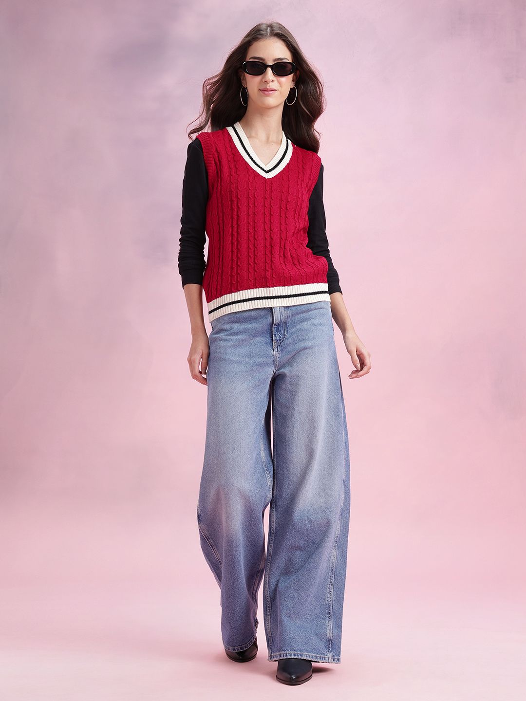 DressBerry Cable Knit Contrast Trim Sweater Vest