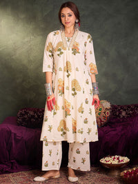 Indo Era Floral Printed Pure Cotton V-Neck A-Line Kurta With Palazzos