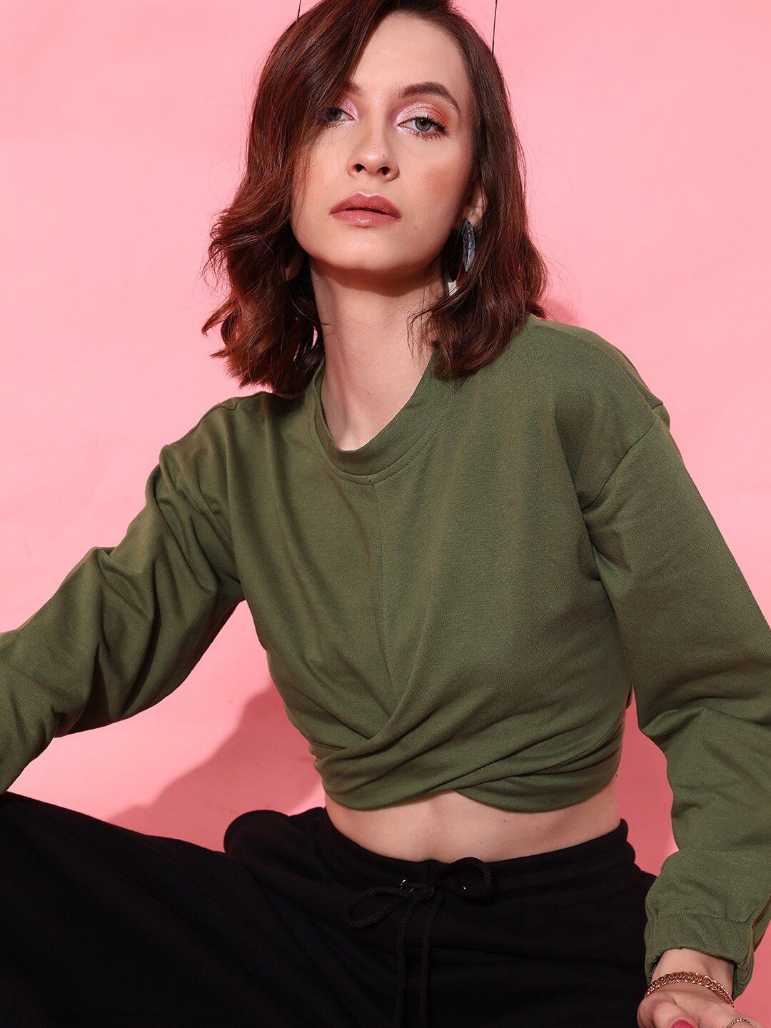 STREET 9 Women Lovely Olive Solid Crop Sweatshirt