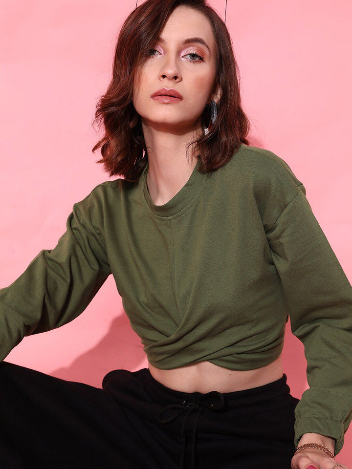 STREET 9 Women Lovely Olive Solid Crop Sweatshirt