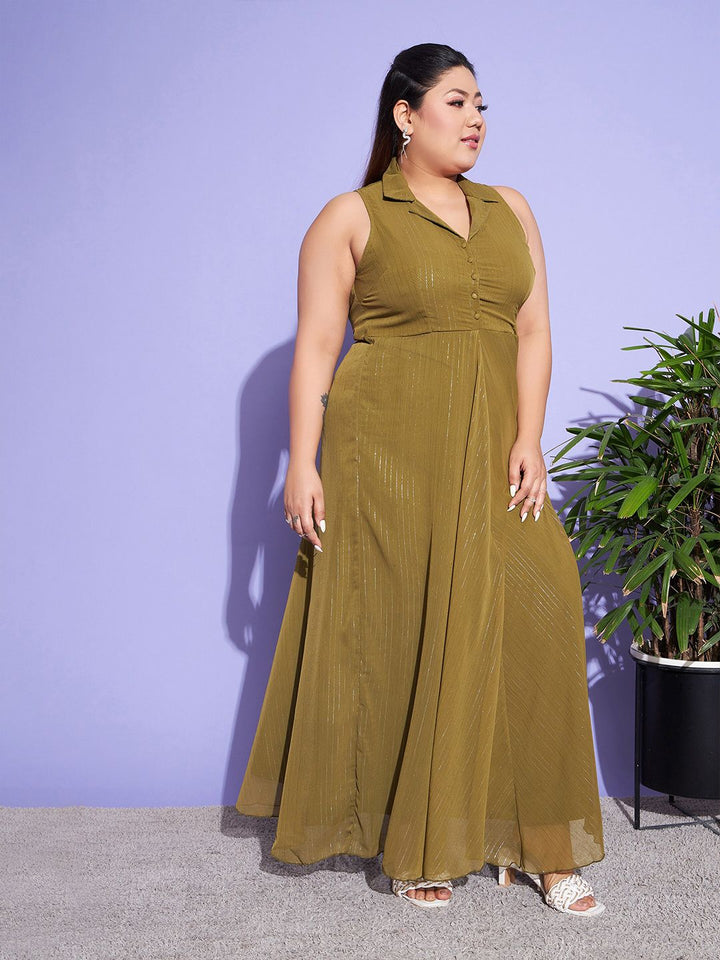 SASSAFRAS Curve Green Plus Size Cuban Collar Sleeveless Maxi Dress