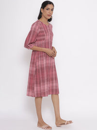 W Women Pink Checked Cotton A-Line Dress