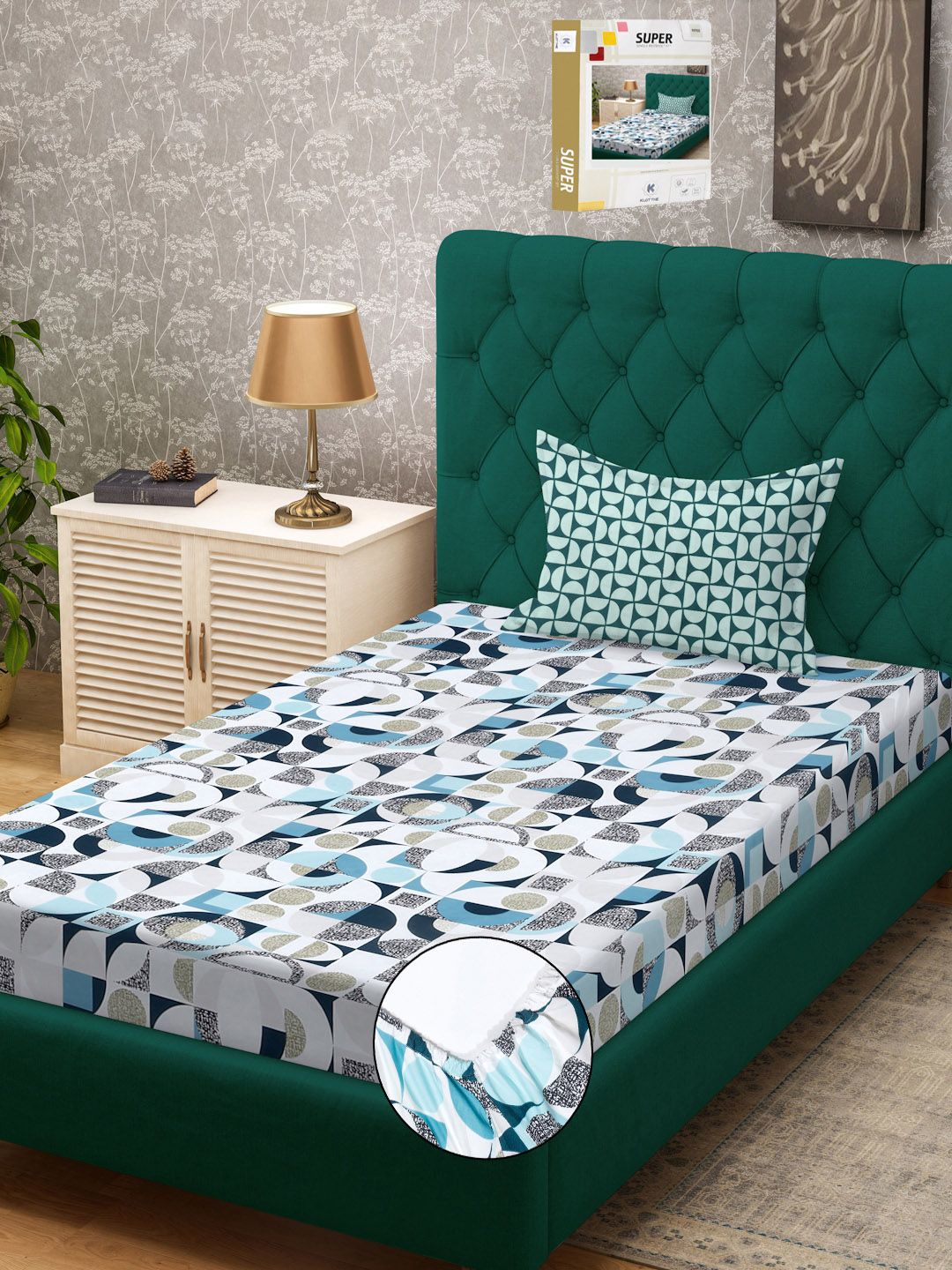 KLOTTHE Book Fold Geometric Printed Fitted 300TC Single Bedsheet With Pillow Cover
