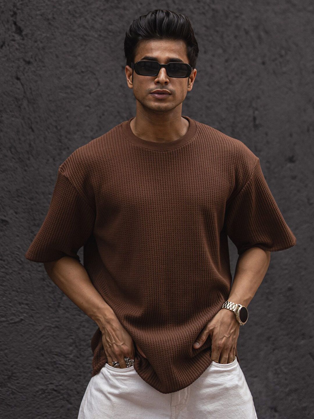 Powerlook Self Design Round Neck Drop-Shoulder Sleeves Oversized T-shirt