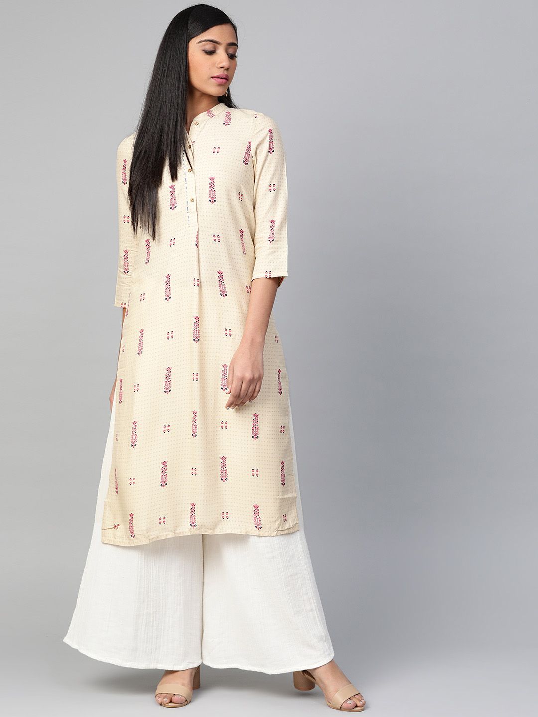W Women Beige & Pink Printed Straight Kurta