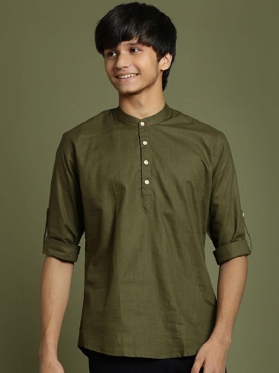 VASTRAMAY Boys Band Collar Roll-Up Sleeves Cotton Kurta