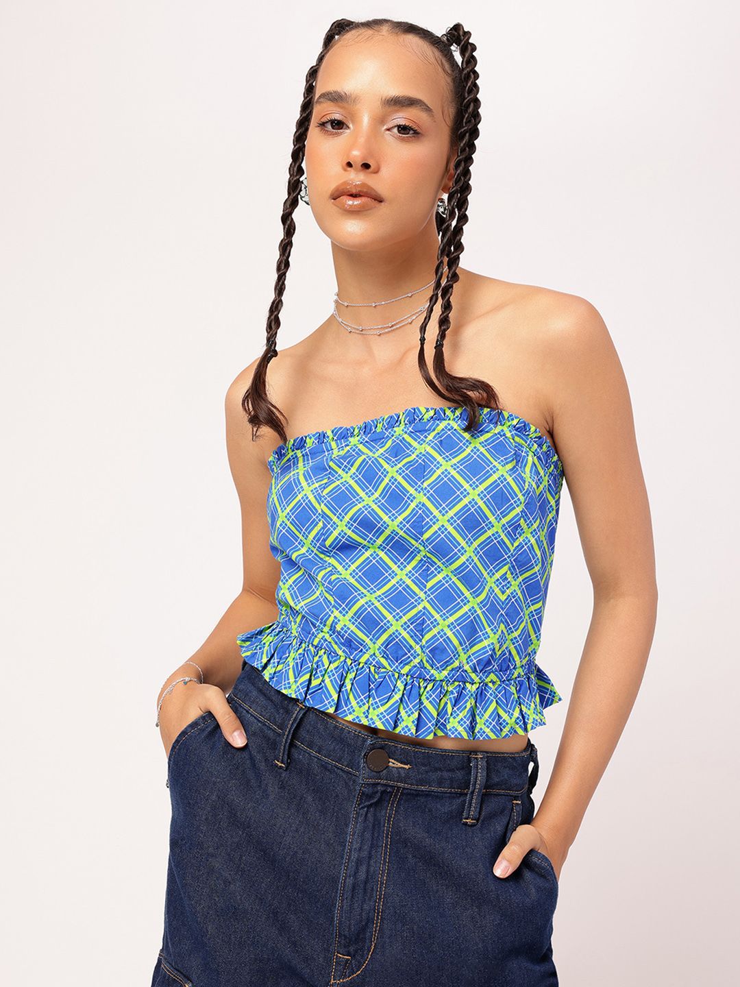DressBerry Grid It Out Ruffled Cotton Crop Bardot Top