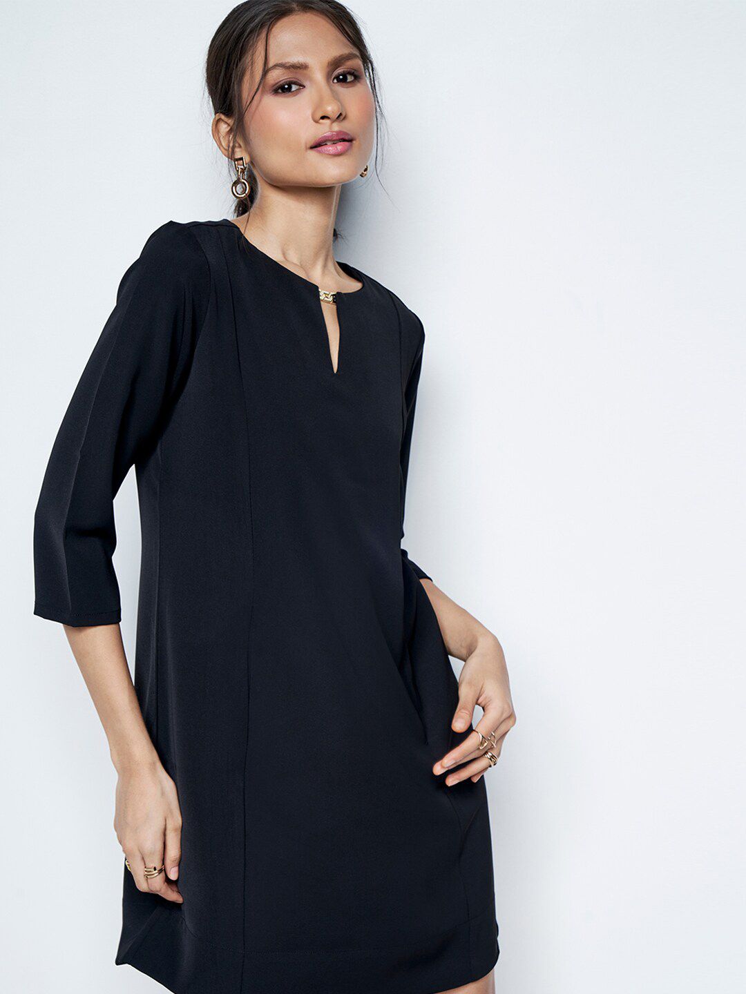 AND A-Line Key Hole Neck Three-Quarter Sleeves Dress