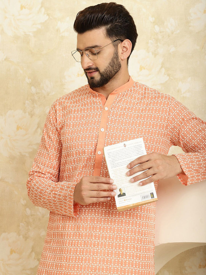 SOJANYA Ethnic Motifs Embroidered Mandarin Collar Pure Cotton Kurta with Churidar