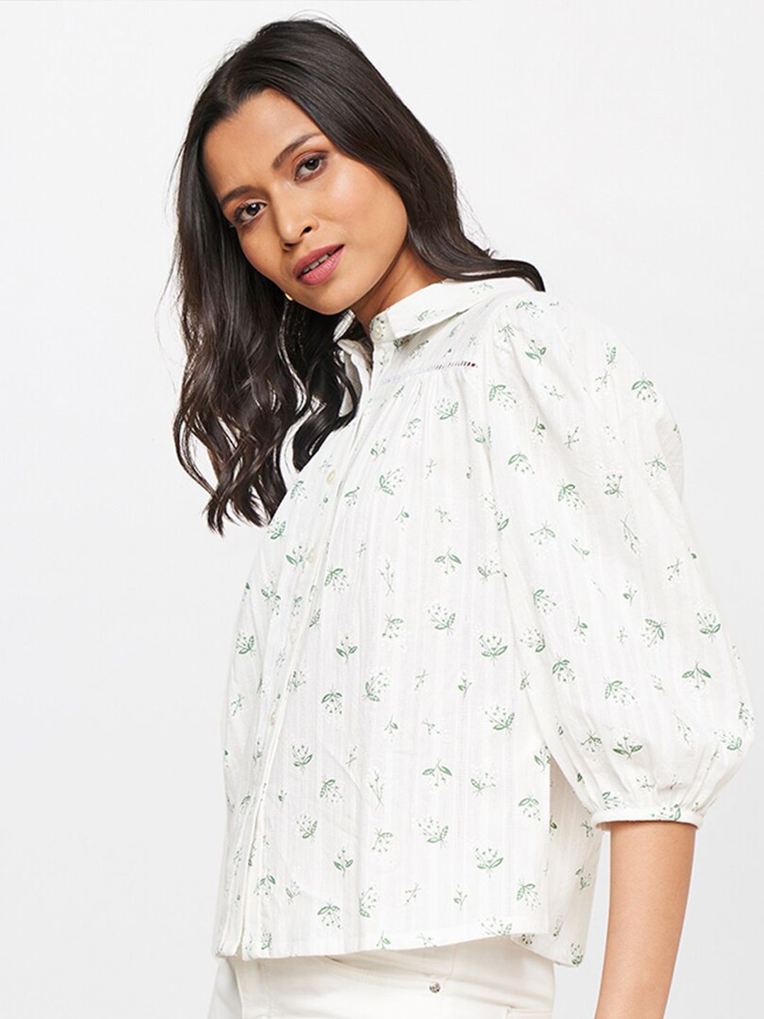 AND White & Green Floral Printed Shirt Style Top