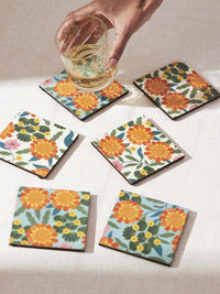 Chumbak Assorted Orange 6 Pieces Marigold Printed Coasters
