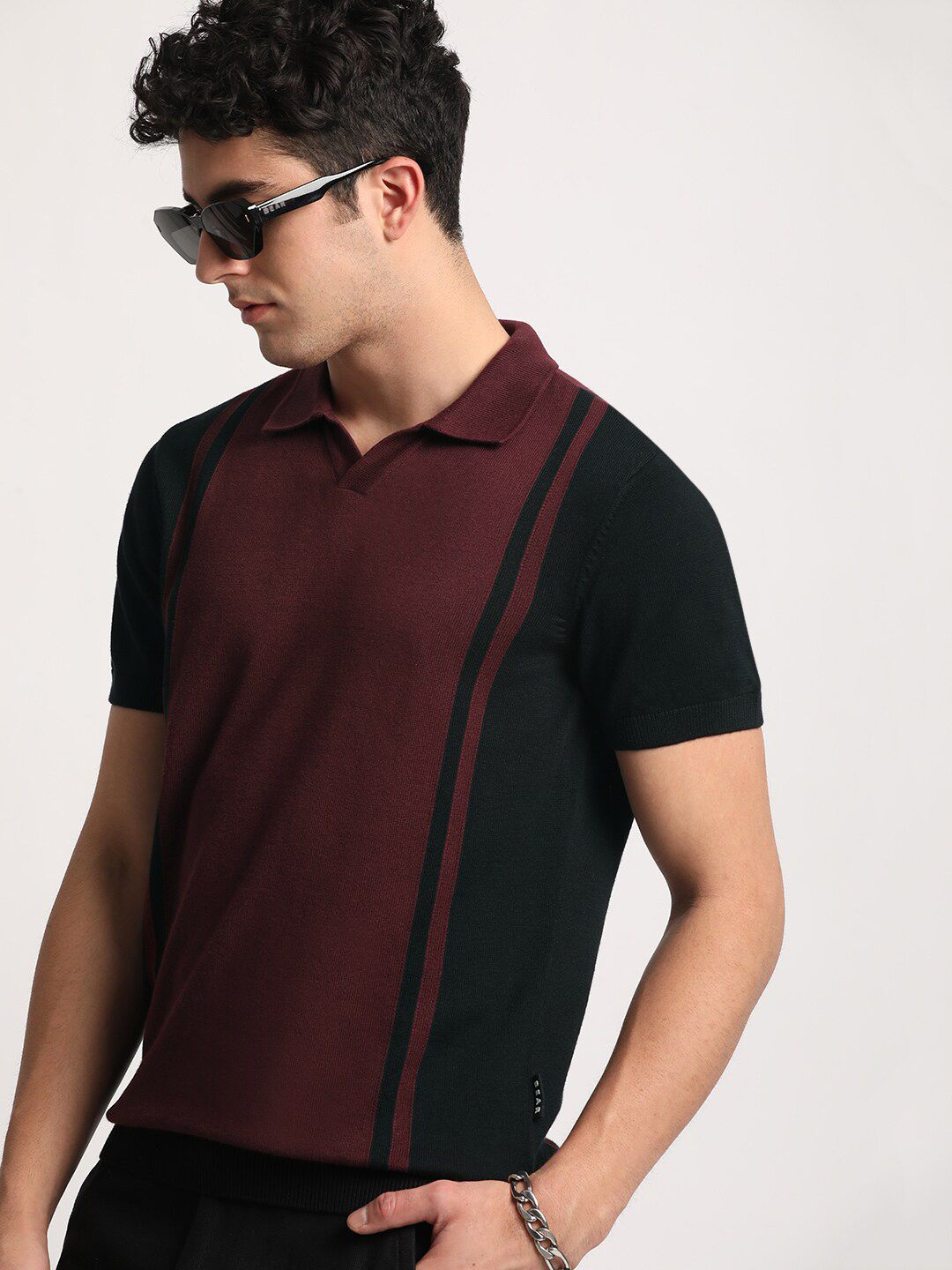 THE BEAR HOUSE Colourblocked Polo Collar Cotton Slim Fit T-shirt