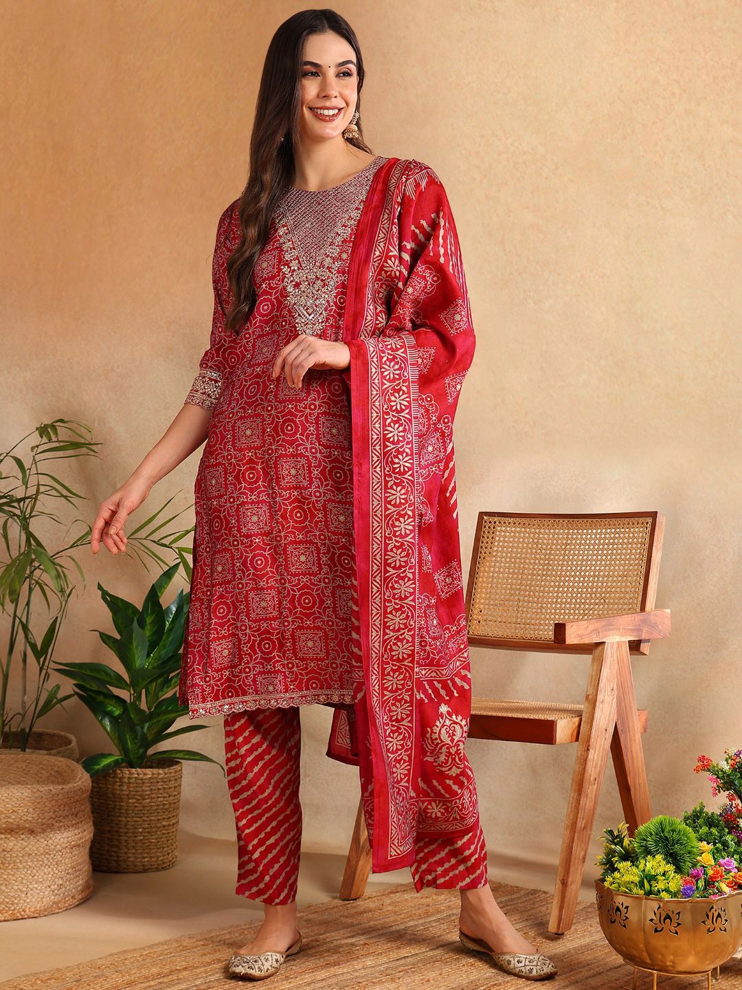 KALINI Ethnic Motifs Embroidered Round Neck Straight Kurta with Trousers & With Dupatta