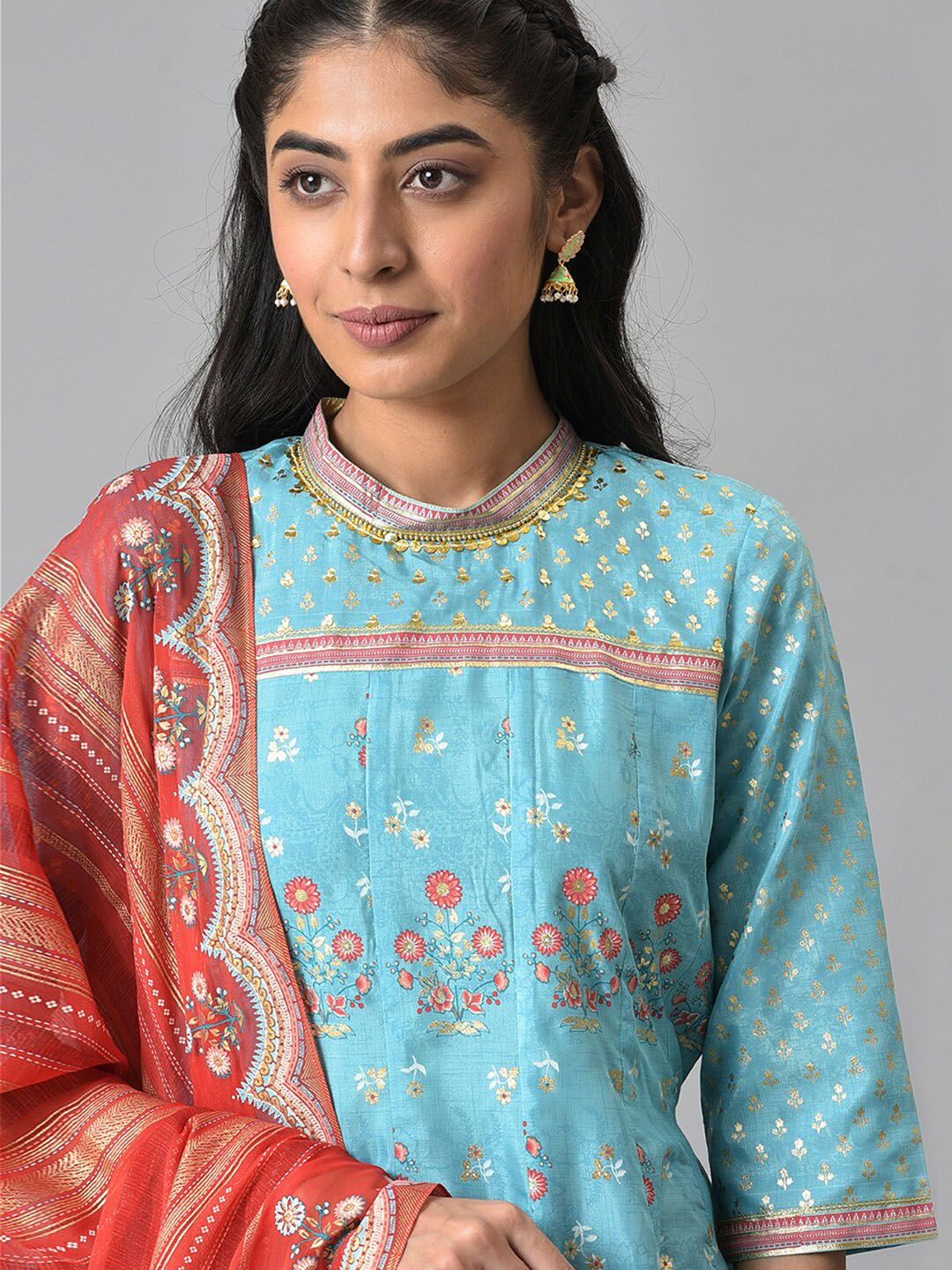 AURELIA Women Blue Ethnic Motifs Printed Panelled Kurta Set