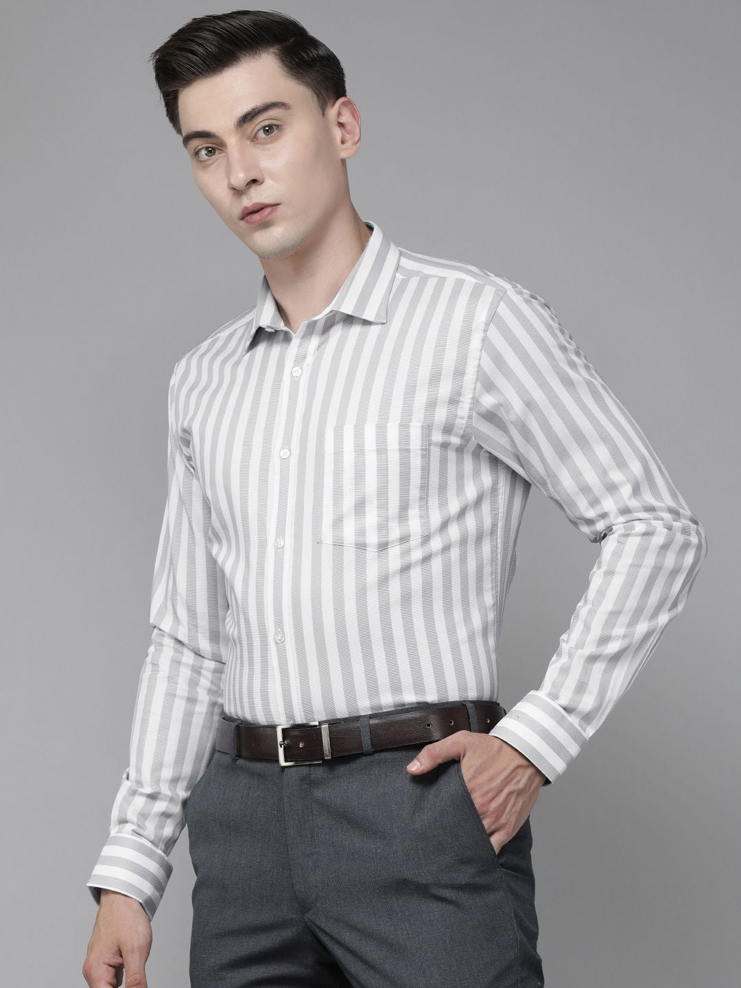 Park Avenue Men Grey & White Slim Fit Striped Pure Cotton Formal Shirt