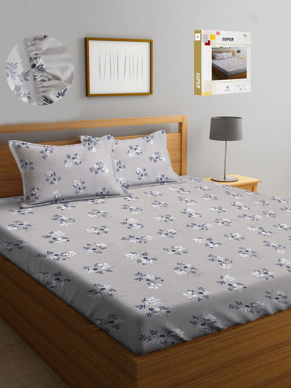 KLOTTHE Floral Printed 300 TC Fitted King Bedsheet with 2 Pillow Covers