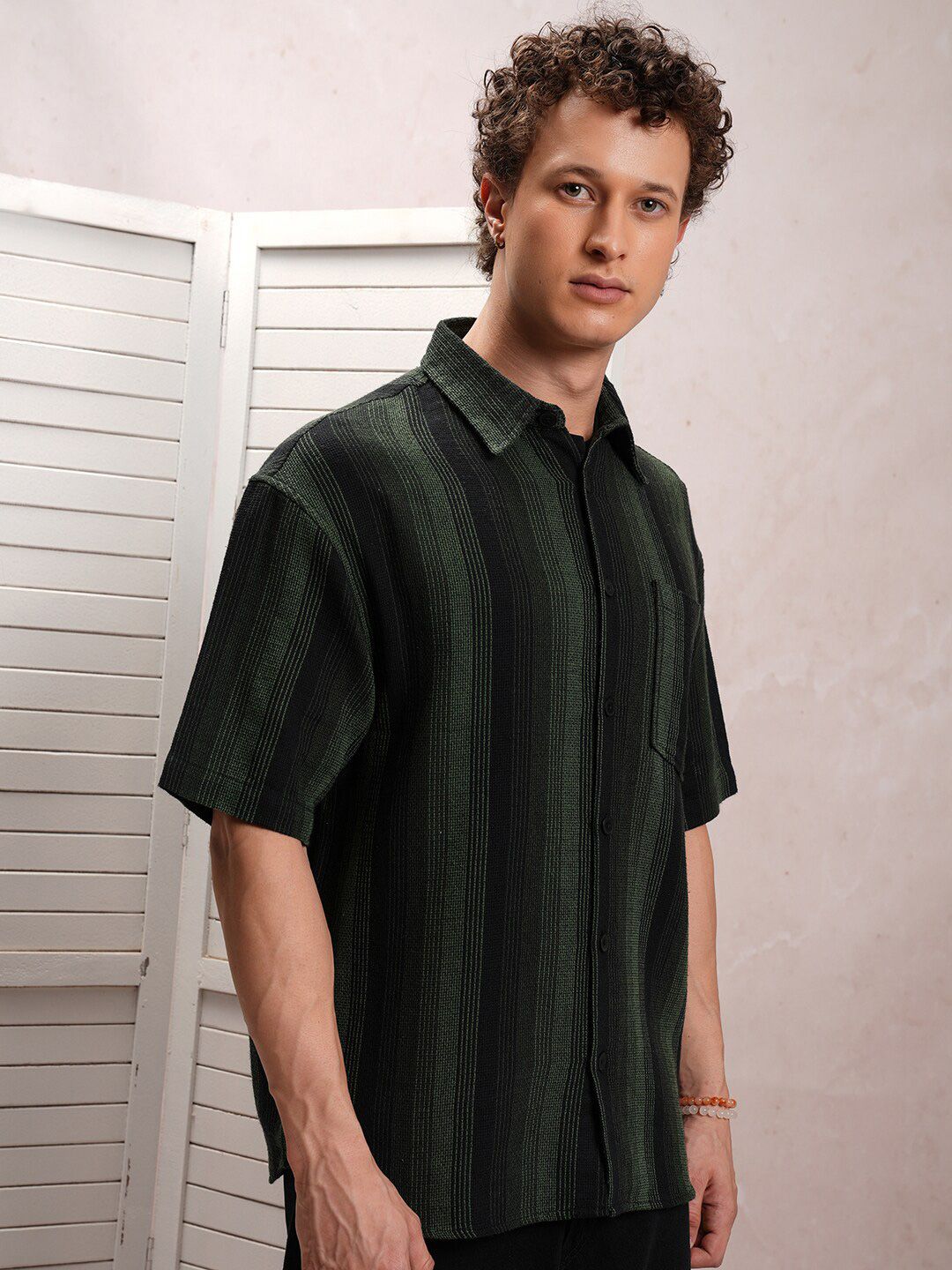 LOCOMOTIVE Premium Fit Striped Dobby Textured Drop-Shoulder Sleeves Oversized Shirt