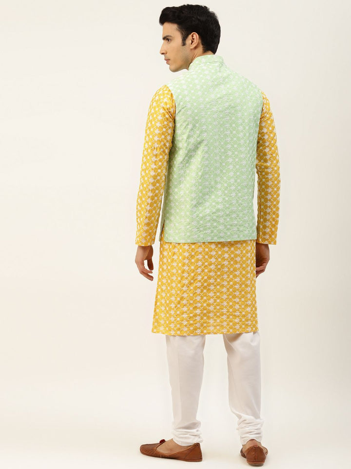 SOJANYA Men Yellow & White Embroidered Thread Work Kurta with Churidar & Nehru Jacket